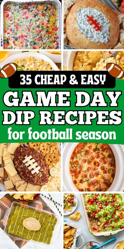 Quick and easy game day dips, football tailgate snacks and superbowl game day appetizers for football season parties, such as cheesy velveeta crockpot dip, queso, buffalo chicken, and easy no bake cold dips recipes. Football Game Dips Crock Pot, Football Party Foods Crockpot, Dips For Football Season, Football Potluck Ideas, Game Day Dips Football Season, Football Dips Recipes Parties, Game Day Recipes Football, Dips Superbowl, Cheap Football Food