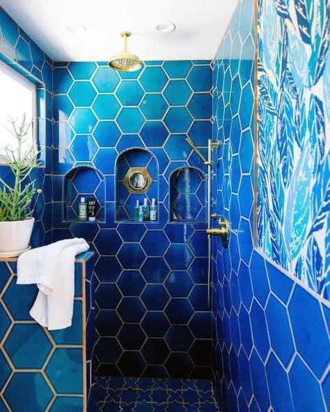 Hexagon Blue Tiles With Gold Grout Bathroom Interior Design Blue Bathrooms Designs, Gold Bathroom Decor, Themed Bathroom, Gold Bathroom, Blue Bathroom, Blue Tiles, Diy Bathroom, Walk In Shower, Luxury Bathroom