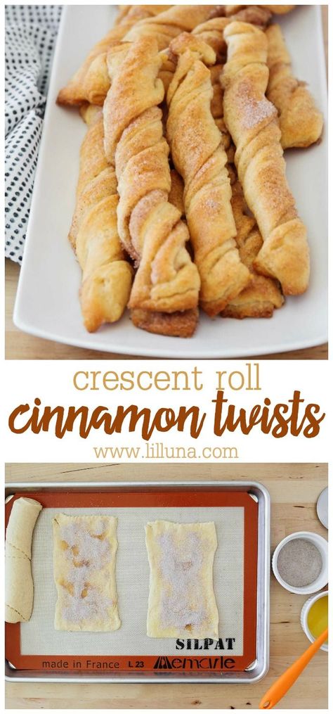 Butter and cinnamon sugar wrapped up in Pillsbury crescent roll dough, twisted, and baked to crispy perfection! Every time we make these quick and easy Cinnamon Twists, they disappear in minutes!! #cinnamontwists #cinnamon #cinnamonrecipes Oreo Desserts, Crescent Recipes, Cinnamon Twists, Twisted Recipes, Breakfast Party, Crescent Roll Recipes, Cinnamon Recipes, Crescent Roll Dough, Homemade Donuts