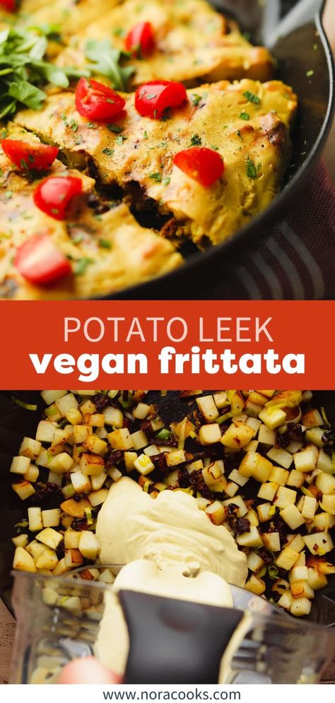 Potato Leek Vegan Frittata Leek Vegan, Veggie Recipes Easy, Leek Frittata, Vegan Frittata, Vegan Potato Recipes, Vegan Brunch Recipes, Tofu Breakfast, Leek Recipes, Potato Leek