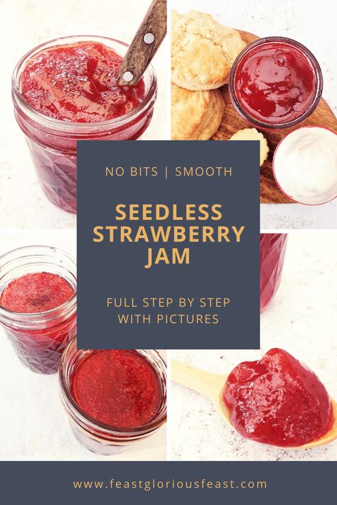 This Seedless Strawberry Jam is a quick, easy and no fuss recipe for making a fabulously smooth and sweet strawberry preserve. It’s perfect served classically with scones, as a cake filling or simply slathered on toast! Seedless Strawberry Jam Recipe, Seedless Strawberry, Strawberry Preserve, Queen Of Puddings, Homemade Condensed Milk, Peach Compote, Blueberry Jam Recipe, Strawberry Cake Filling, Strawberry Freezer Jam