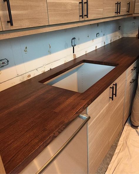 Kona stained Red Oak Red Oak Countertop, Stained Red Oak, Custom Butcher Block, Downloadable Woodworking Plans, Red Oak Stain, Woodworking Basics, Indoor Dog, Butcher Block Countertops, Oak Park