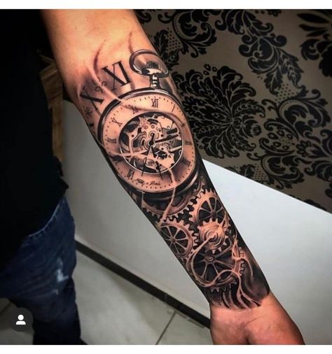 Clock Tattoo Design For Men, Phoenix Tattoo Arm, Tattoo Design For Men, Men's Tattoos, Gear Tattoo, Half Sleeve Tattoos Forearm, Masculine Tattoos, Half Sleeve Tattoos Drawings, Clock Tattoo Design