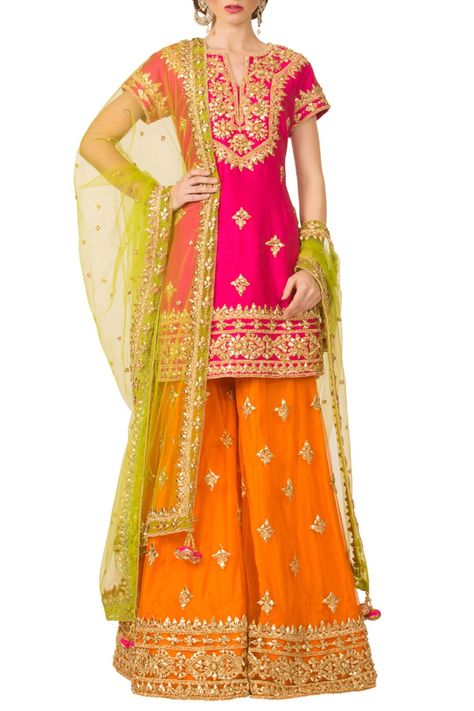 Buy Hot pink, orange & green sharara set by Preeti S Kapoor at Aza Fashions Orange Sharara, Green Sharara, Pink Colour Dress, Orang India, Sharara Designs, Gaun Fashion, Pink Lehenga, Desi Clothes, Pakistani Bridal Dresses