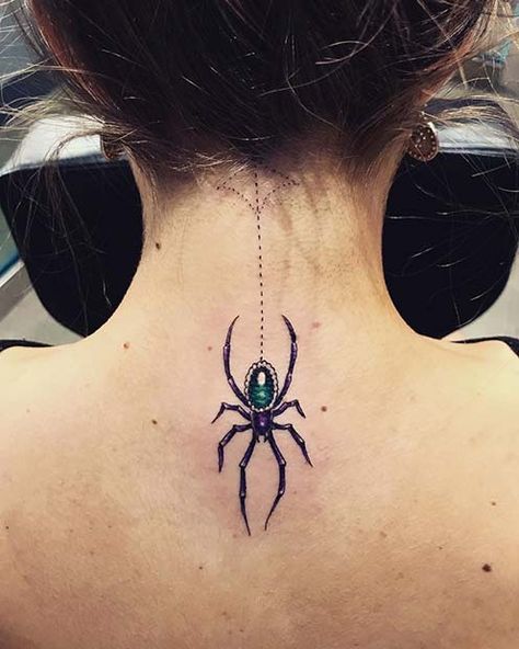 Pretty Spider Tattoos For Women, Spider And Web Tattoo For Women, Jeweled Spider Tattoo, Spider Jewel Tattoo, Diamond Spider Tattoo, Crystal Spider Tattoo, Gem Spider Tattoo, Goth Neck Tattoos Women, Jewel Spider Tattoo