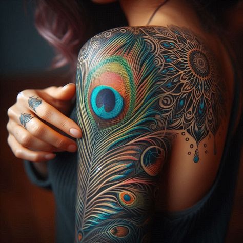 Black Peacock Feather Tattoo, Peacock Arm Tattoo Half Sleeves, Peacock Mandala Tattoo Sleeve, Peacock Sleeve Tattoo Women, Angelic Tattoos, Thigh Peacock Tattoos Women, Peacock Woman Tattoo, Feminine Thigh Tattoos, Mermaid Sleeve Tattoos