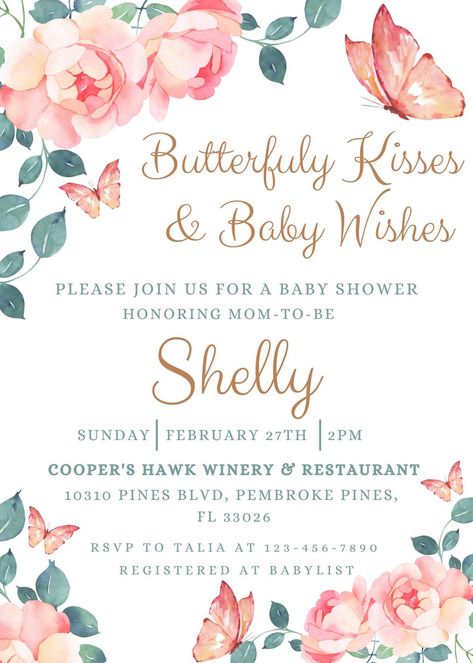 Butterfly Kisses & Baby Wishes Baby Shower Invitation | Etsy Baby Wishes, Baby Kiss, Birthday Name, Butterfly Kisses, Wishes For Baby, Good Times Roll, Beautiful Invitations, Time Design, Baby Shower Invites For Girl