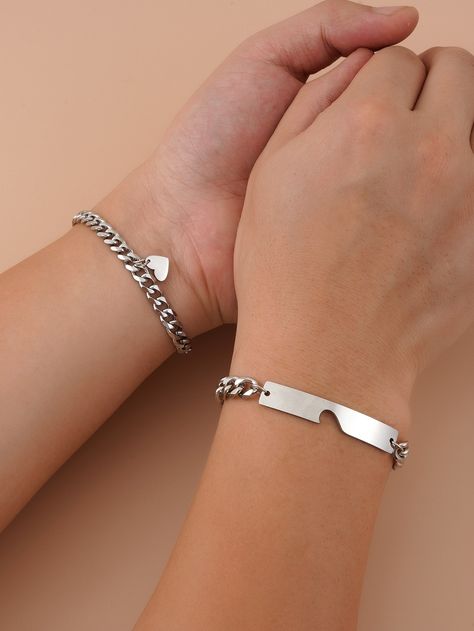 Silver Fashionable Collar  Stainless Steel   Embellished   Fashion Jewelry Hp Oc, Couple Heart, Embellished Fashion, Bracelet Sets, Couples Bracelet, Bracelet Couple, Couple Bracelet, Arm Bracelets, Couple Bracelets