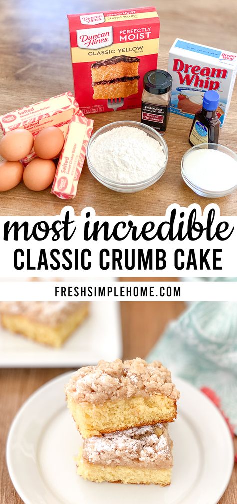 Yellow Cake Mix Crumb Cake, Crumb Cake From Box Cake, Crumb Cake Recipe Box Cake, Cuppa Cake Recipe, Dream Whip Recipes Desserts, Crumb Cake With Box Cake, Dream Whip Recipes, Dream Whip Cake Recipe, Easy Crumb Cake Recipe