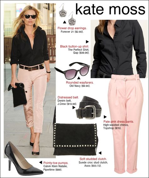 Should I add a pale pink pair of pants to my wish list? Pink Trousers Outfit, Pale Pink Pants, Pink Pants Outfit, Light Pink Pants, Kate Moss Style, Pink Chinos, Black Button Up Shirt, Mode Tips, Pink Trousers