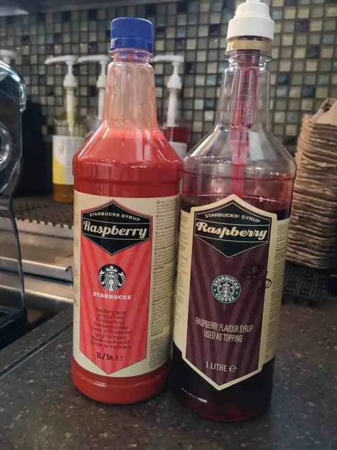 Starbucks Raspberry Syrup (Spoiler: It’s Easy To Make) - Hey Joe Coffee Starbucks Raspberry Syrup, Starbucks Drinks No Raspberry Syrup, Raspberry Coffee Syrup, Raspberry Coffee Drink, Starbucks Syrup Recipes, Raspberry Frappuccino, Starbucks Syrup Flavors, Starbucks Syrups, Starbucks Raspberry