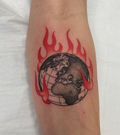 *** camera on fire *** Burning Earth Tattoo, Earth On Fire Tattoo, Flame Chest Tattoo, Climate Tattoo, Man On Fire Tattoo, Fire Earth Tattoo, Brain On Fire Tattoo, End Of The World Tattoo, World On Fire Tattoo