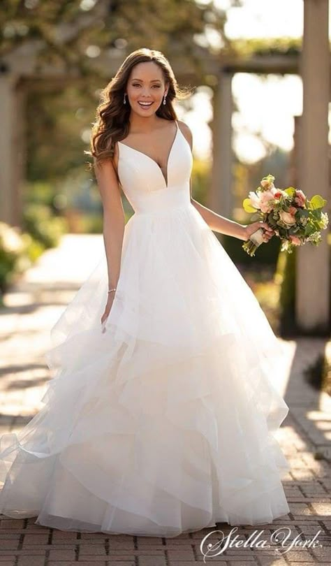 Princess Wedding Dresses With Straps, A Line Layered Wedding Dress, Wedding Dresses Ruffle Skirt, Wedding Dresses For Size 10-12, Wedding Dress With Layered Tulle Skirt, Wedding Dress Tiered Skirt, Layered Wedding Dress Ruffles, Wedding Dress Tall Bride, Modern Simple Wedding Dress Romantic