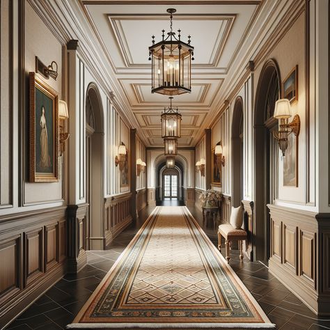 The hallway should exude an air of historical sophistication blended with contemporary sensibilities. It should feature subtle earth-toned color palettes, rich wooden architectural details like wainscoting, crown molding, chair rail, arched entrances and traditional lantern style lighting fixtures. Plush patterned runner rugs can dot the floor, while the walls can host period-appropriate artwork. Use this design to showcase how one can remodel a hallway into this style. Classic Corridor Design, Royal Hallway, Apartment Building Hallway, Elegant Hallway, Grand Villa, Upstairs Hallway Ideas, Open Living Room Design, Classic Wall Art, Victorian Hallway