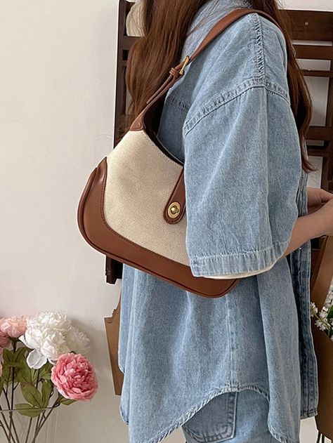 Brown  Collar  PU Leather Colorblock Baguette Bag Embellished   Women Bags Studded Bag, Hobo Purse, Stylish Shoulder Bag, Baguette Bag, Vintage Summer, Shoulder Purse, Bag Straps, Maternity Bag, Hobo Bag