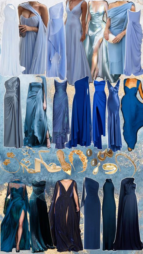 Formal dresses in different shades of blue with gold accessories Blue Dress Accessories, Blue Bridesmaids Dresses, Different Shades Of Blue, Summer Bridesmaid Dresses, Gold Prom Dresses, Bridesmaid Colors, Blue Dress Formal, Winter Outfit Inspiration, Blue Bridesmaid Dresses