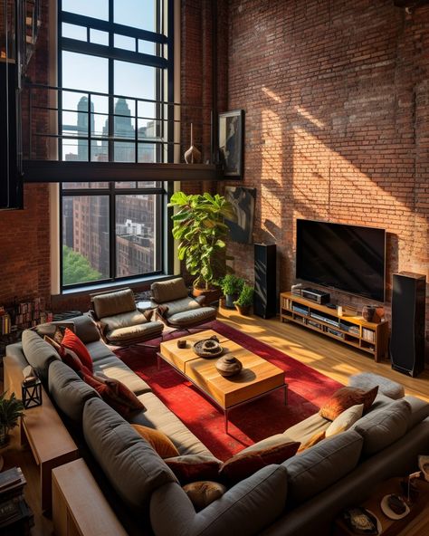 New York Red Brick Loft Interior Red Brick Living Room, New York Living Room, Loft Apartment Aesthetic, Appartement New York, New York Living, Nyc Rooms, Brick Living Room, Brick Room, Townhouse Interior