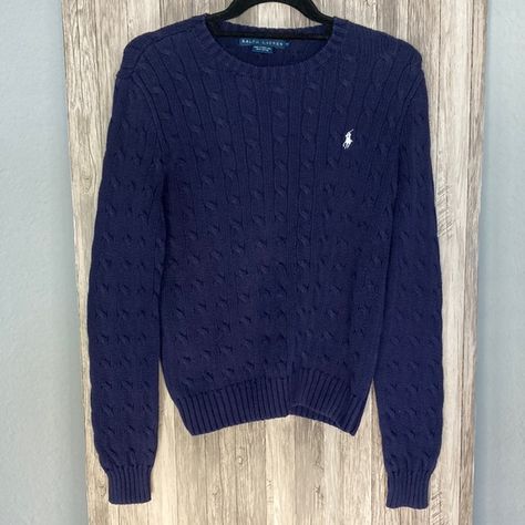 Ralph Lauren Women's Navy Blue Cable Knit Crew Neck Sweater - Size Medium Cable Crew Sweater, Larph Lauren Sweater, Navy Blue Ralph Lauren Sweater Outfit, Blue Ralph Lauren Sweater Outfit, Raphl Laurent, Navy Ralph Lauren Sweater, Navy Blue Clothes, Ralph Lauren Navy Sweater, Ralph Lauren Blue Sweater