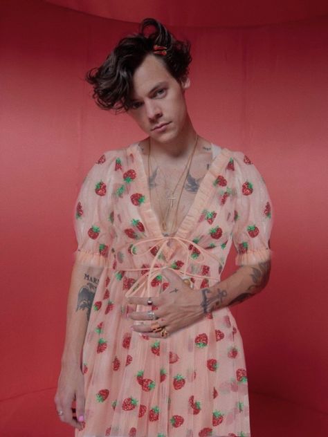 Harry Styles In Dress, Harry Styles Strawberry, Harry Styles Feminine, Harry Styles Dress, Harry Styles Outfits, Harry Styles Icons, Lirika Matoshi, Harry Styles Outfit, Harry Styles Edits