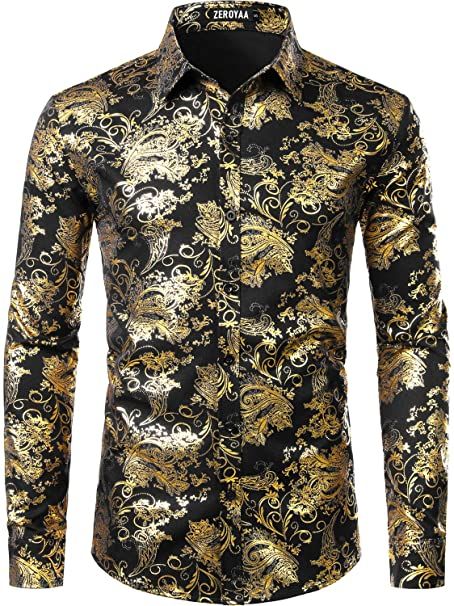 ZEROYAA Men's Luxury Paisley Gold Shiny Printed Stylish Slim Fit Button Down Dress Shirt at Amazon Men’s Clothing store Flower Print Shirt, Button Down Dress Shirt, Autumn Clothes, Paisley Dress, Mens Luxury, Men Shirt Style, Long Sleeve Shirt Dress, Stylish Shirts, Mens Shirt Dress