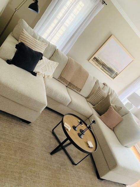 Tan Couch Living Room, Tan Sectional, Sectional Living Room Decor, Tan Couch, Beige Couch, Beige Sectional, Sectional With Chaise, Bachelorette Pad, Ikea Living Room