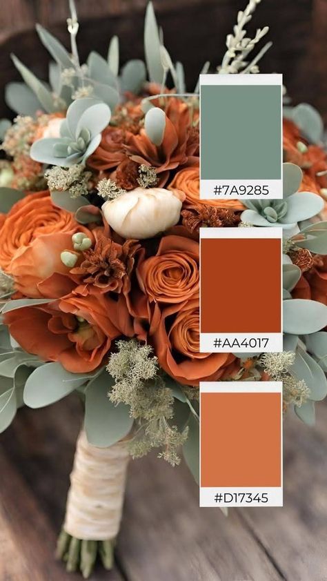 Colors That Compliment Rust Orange, Late Fall Wedding Color Palette, Wedding Color Schemes With Yellow, Spring Wedding Color Ideas, Orange Wedding Color Palette, September Wedding Colors, Unique Fall Wedding, Winter Wedding Color Ideas, Fall Wedding Color Ideas