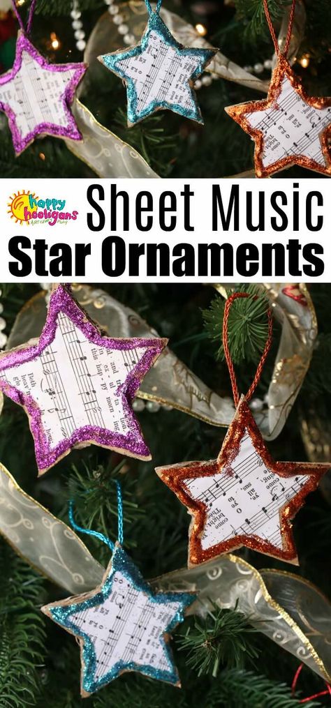 These sheet music star ornaments are easy for kids to make. Great gift topper for a music teacher or music lover. #HappyHooligans #SheetMusic #Ornaments #Homemade #ChristmasCraftsForKids #HomemadeOrnaments #Glitter #Stars #KidsCrafts Sheet Music Ornaments, Snail Craft, Happy Hooligans, Easy Ornaments, Recipes Savory, Music Ornaments, Star Ornaments, Music Crafts, Homemade Ornaments