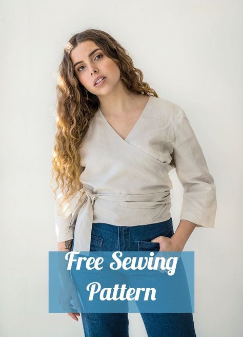 Linen Top Pattern Free, Sewing Wrap Top, Diy Wrap Top Pattern, Linen Clothes Patterns Free Sewing, Linen Wrap Top Pattern, Linen Sewing Projects, Diy Linen Top, Wrap Top Pattern Free, Free Top Sewing Pattern