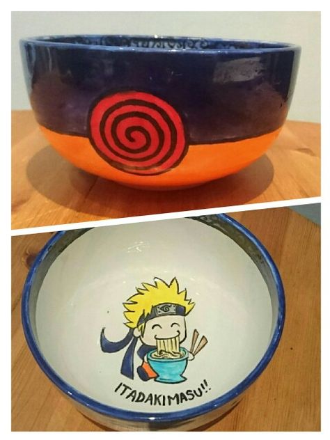 NARUTO! cereal and ramen bowl Ramen Bowl Pottery Painting, Naruto Pottery, Naruto Clay Art, Clay Naruto, Naruto Ramen Bowl, Naruto Bowl, Anime Ceramics, Anime Pottery, Ramen Bowl Ceramic