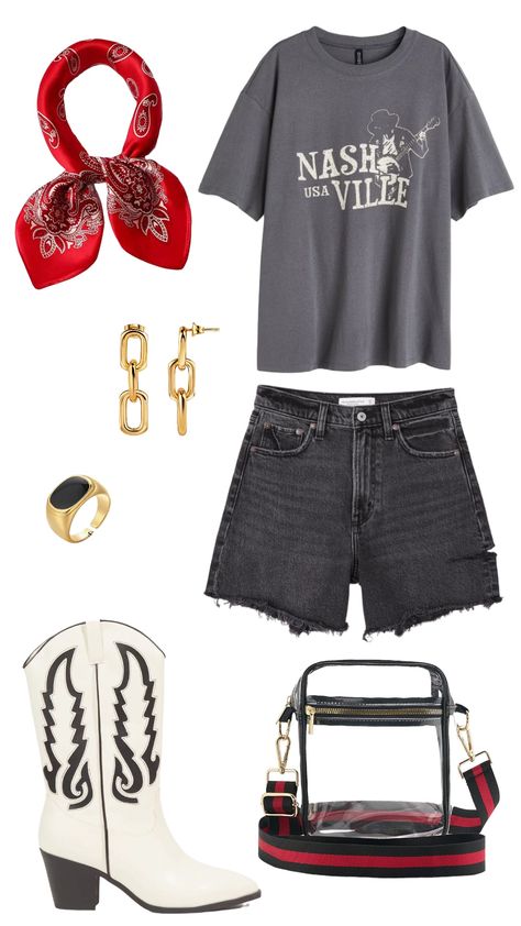 Oversized Country Tshirt Outfit, Oversized Tshirt Country Concert Outfit, Country Concert Oversized Shirt, Cheap Graphic Print T-shirt For Country Concerts, Pre-shrunk Graphic Tee For Country Concerts, H&m Fashion, Nashville Style, Nashville Outfits, Red Bandana