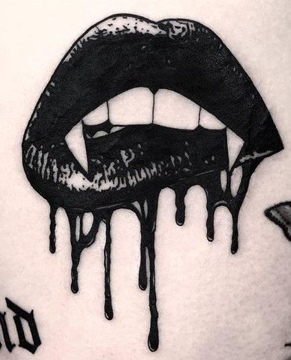 Vampire Ghost Tattoo, Vulgar Tattoo Ideas, Vampire Teeth Tattoo Design, Spooky Tattoos Men, Dark Tattoo Simple, Vampire Theme Tattoo, Dripping Candle Tattoo, Gothic Vampire Tattoo, Vampire Neck Tattoo