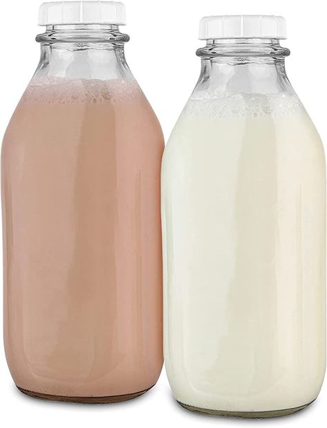 Amazon.com: Stock Your Home Liter Glass Milk Bottles (2 Pack) - 32-Oz Milk Jars with Lids - Food Grade Glass Bottles - Dishwasher Safe - Bottles for Milk, Buttermilk, Honey, Maple Syrup, Jam, BBQ Sauce: Home & Kitchen Milk Jars, How To Make Oats, Milk Jar, Canning Lids, Glass Milk Bottles, Milk Bottles, Kitchen Storage Containers, Juice Bottles, Homemade Sauce