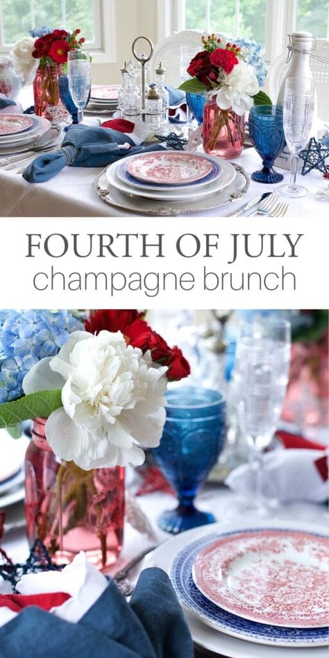 Fourth Of July Tablescapes, French Table Setting, America Recipes, Patriotic Table Decorations, Vintage Tablescape, Brunch Tablescape, Elegant Decorations, July 4th Holiday, Summer Table Settings