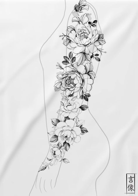 Flowers Sleeve Tattoo Design, Tattoo Botanica, Graphic Tattoo Design, Graphic Tattoo, Floral Thigh Tattoos, Feminine Tattoo Sleeves, Western Tattoos, Floral Tattoo Sleeve, Tattoos For Black Skin