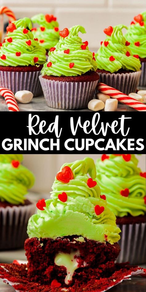 Red Velvet Grinch Cupcakes (Easy & Fun Christmas Recipe) Green Pudding, Grinch Cupcakes, Devils Food Cupcakes, Green Frosting, Grinch Cake, Themed Recipes, Grinch Christmas Party, Easy Holiday Desserts, Heart Sprinkles