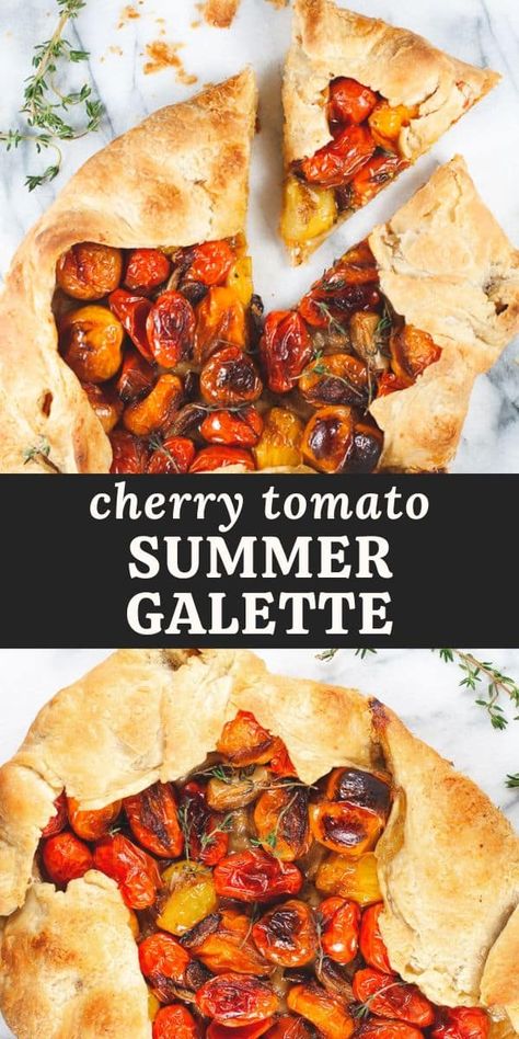 Cherry Tomato Galette, Vegan Cherry Tomato Recipes, Tomato Gallette Recipe, Savory Galette, Beginner Baking Recipes, Balsamic Cherries, Tomato Galette, Savoury Finger Food, Peach Kitchen