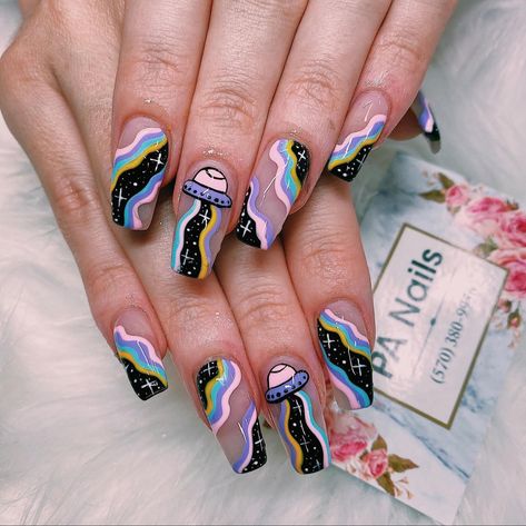 Trippy Nail Designs Acrylic, Electric Nails Design, Neon Rainbow Nails Acrylic, Funky Glitter Nails, Novelty Nail Designs, Witchy Press On Nails, Trippy Short Nails, Cute Space Nails, Cute Alien Nails