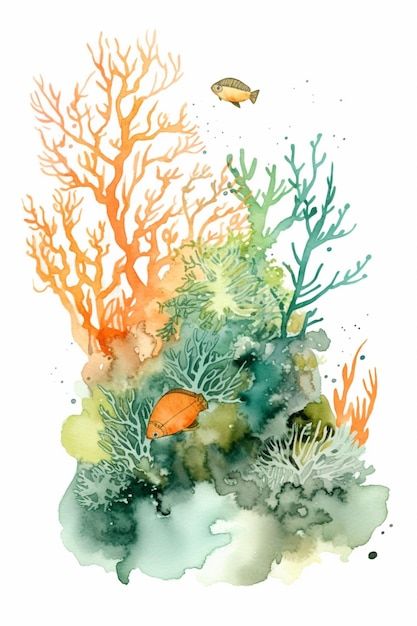 Watercolor Coral Reef, Coral Reef Drawing, Ocean Plants, Seaside Art, Sea Life Art, Small Artwork, Watercolor Plants, Ocean Creatures, Watercolor Art Prints