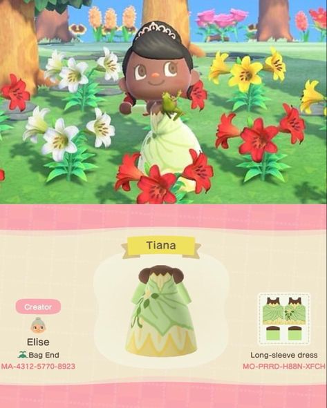 Disney Animal Crossing, Tiana Princess And The Frog, Tiana Princess, Nintendo Switch Animal Crossing, Clothes Codes, Acnh Inspiration, Acnh Clothes, Animals Crossing, Animal Crossing Guide