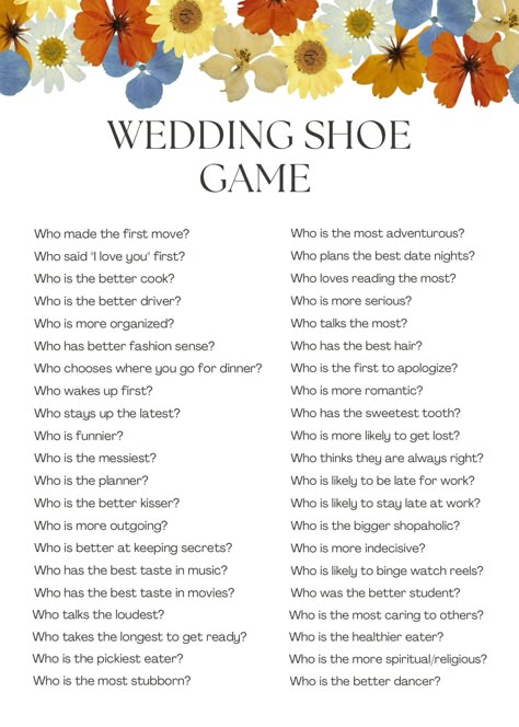 This is a fun game to play at a wedding featuring the couple on their special day! A great way to entertain guests and provide a memorable experience for everyone. Allows all to get a chance to get to know the couple in a natural way. The PDF is printable and cannot be edited but if you are interested in an editable version, feel free to message me. The instructions are included in the PDF. Wedding Games For Reception, Wedding Shoe Game, Tiana Wedding, Dollar Dance, Game For Couples, Wedding Party Games, Wedding Games For Guests, Reception Games, Wedding Reception Games