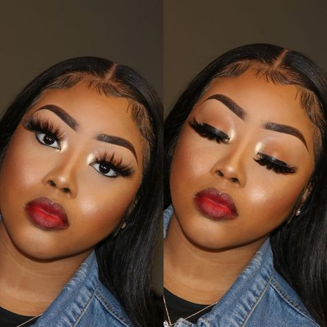 Makeup Ideas Black Women Red Lip, Natural Makeup Red Lipstick, Natural Beat With Red Lips Black Women, Red Lip Makeup Black Women, Red Lip Makeup Look Black Women Make Up, Soft Glam Red Lip, Red Lip Makeup Look Black Women, Makeup Looks With Red Lips, Makeup With Red Lipstick Black Women