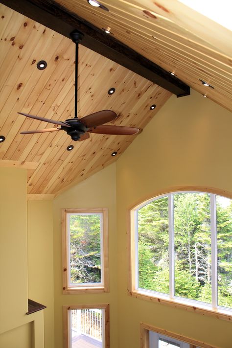 Wood Cabin Ceiling, Pine Ceilings Vaulted, Half Vaulted Ceiling Bedroom Ideas, T And G Ceiling, Yellow Pine Ceiling, Knotty Pine Ceiling Living Rooms, Pine Ceiling Vaulted, Pine Windows, Pine Wood Ceiling