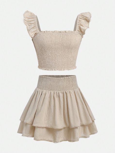 2pcs/Set Teen Girl's Ruffle Cap Sleeve Top And Layered Skirt Casual Outfit Apricot     Plain  Non-Stretch  Teen Girls Clothing, size features are:Bust: ,Length: ,Sleeve Length: Cute Outfits With Shorts, Teen Skirts, Recruitment Outfits, Dress Design Sketches, Everyday Fashion Outfits, A Line Prom Dresses, Outfits Verano