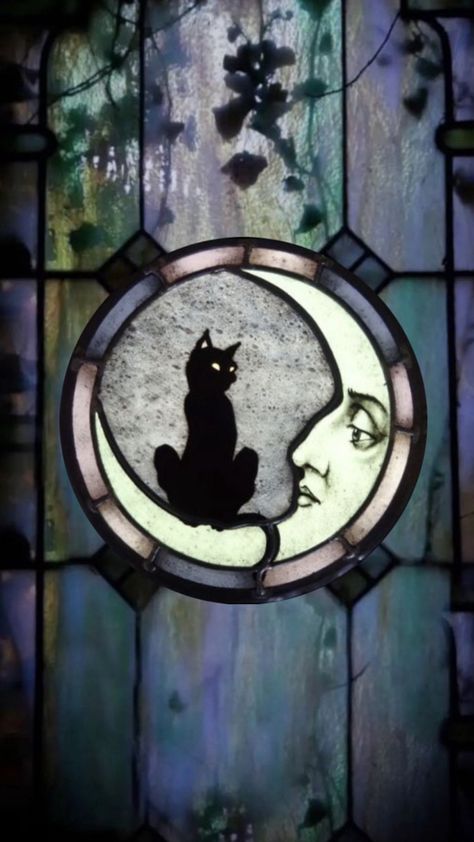 Stained glass moon with a cat Whimsygoth Wallpapers, Whimsical Iphone Wallpaper, Stained Glass Wallpaper Iphone, Whimsigoth Icons, Whimsigoth Lockscreen, Whimsical Wallpaper Iphone, Whimsigoth Wallpaper, Stained Glass Aesthetic, Stained Glass Wallpaper