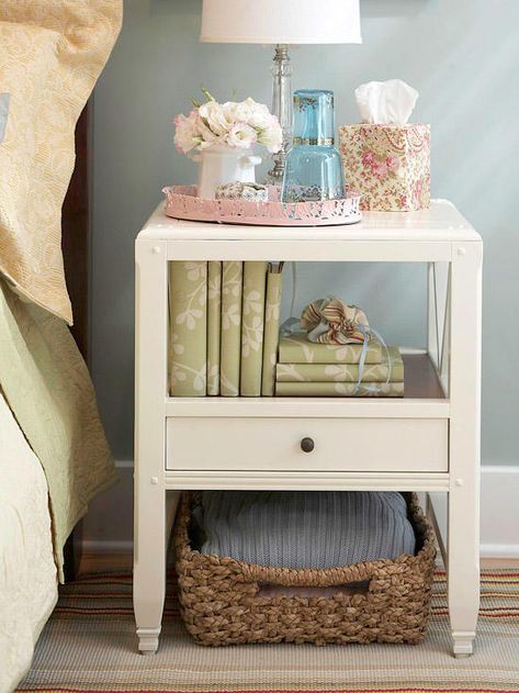 Cute Nightstand Decor, Cute Nightstands, Cute Nightstand, Guest Room Essentials, Small Space Hacks, Craft Spaces, Small Bedroom Storage, Nightstand Decor, New Kitchen Designs