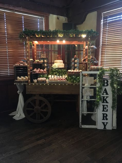 Rustic wood candy cart for wedding or party dessert display table Rustic Candy Table Ideas, Dessert Cart For Wedding, Candy Bar Table Wedding, Dessert Cart Display, Treat Cart For Party, Diy Sweet Cart Wedding, Rustic Wedding Candy Table, Desert Cart Ideas, Wedding Dessert Cart