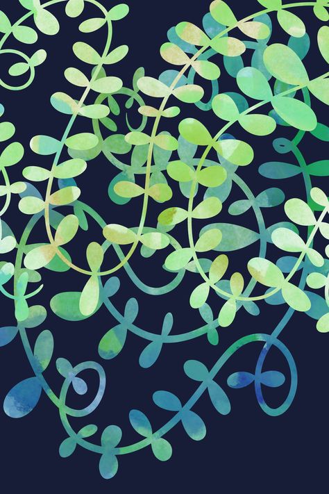 Drawing of green leaves against a navy blue background Painting Vines And Leaves, Vines Plants Drawing, Hanging Vines Painting, Vine Artworks, Vines Painting, Bathroom Botanical, Watercolor Vines Leaves, Playful Home, Leaves Art