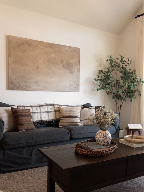 Slate Gray Couch, Living Room Dark Couch, Bohemian Minimalist Living Room, Dark Wood Living Room, Dark Grey Couch Living Room, Living Room Oil Painting, Amanda West, Formal Living Room Designs, Angela Rose