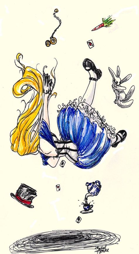 Alice In Wonderland Trippy Drawing, Alice Falling Down The Rabbit Hole Tattoo, Alice Falling Down The Rabbit Hole Art, Alice In Wonderland Art Drawing, Alice In Wonderland Drawing Ideas, Alice In Wonderland Sketches, Alice In Wonderland Falling, Infinity Drawings, Alice In Wonderland Paintings