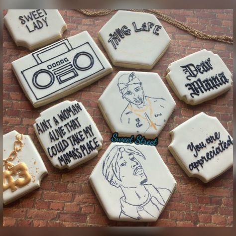 2pac 2nd Birthday Party Ideas, 2pac Birthday Party Ideas, 2pac Party Theme, 2pac Cake, Tupac Themed Birthday Party, Tupac Birthday Party, Tupac Party Theme, Hip Hop Cookies, Tupac Cake